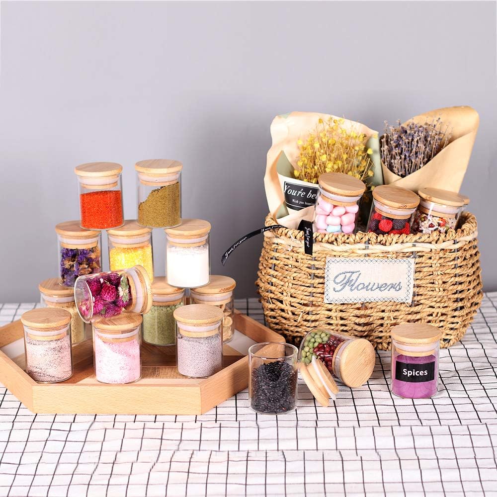 Spice Jar Set,2.5oz 20 Piece Glass Jar with Bamboo Airtight Lids and Labels, Mini Clear Food