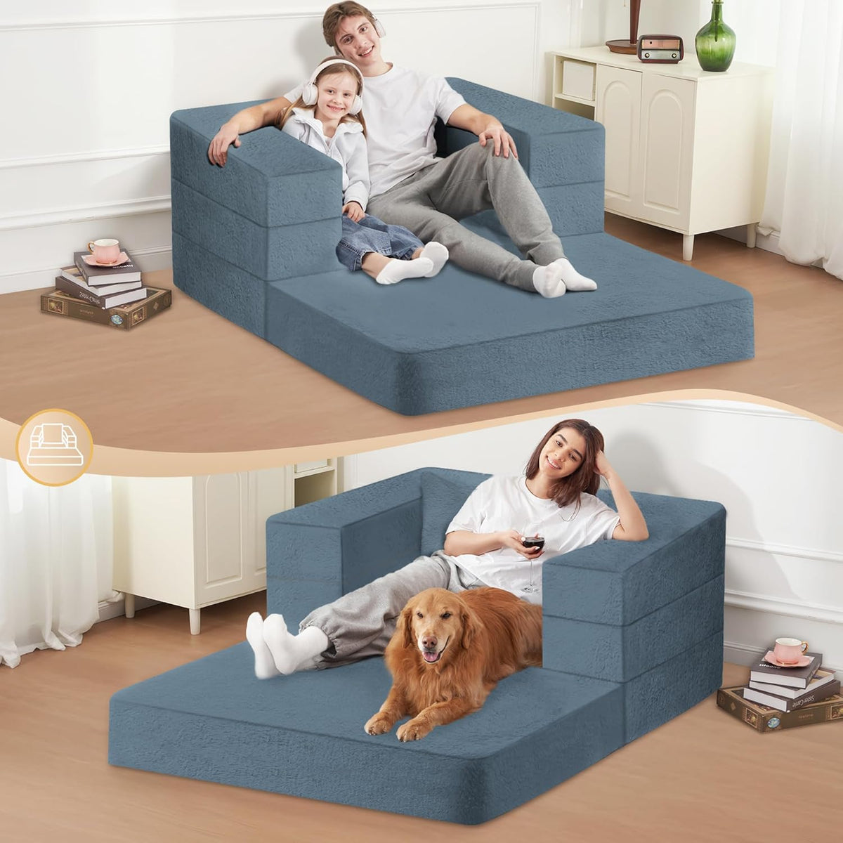 Folding Bean Bag Chair for Adults,3-in-1 Bean Bag Couch Faux Fur Floor Sofa Large Beanbag