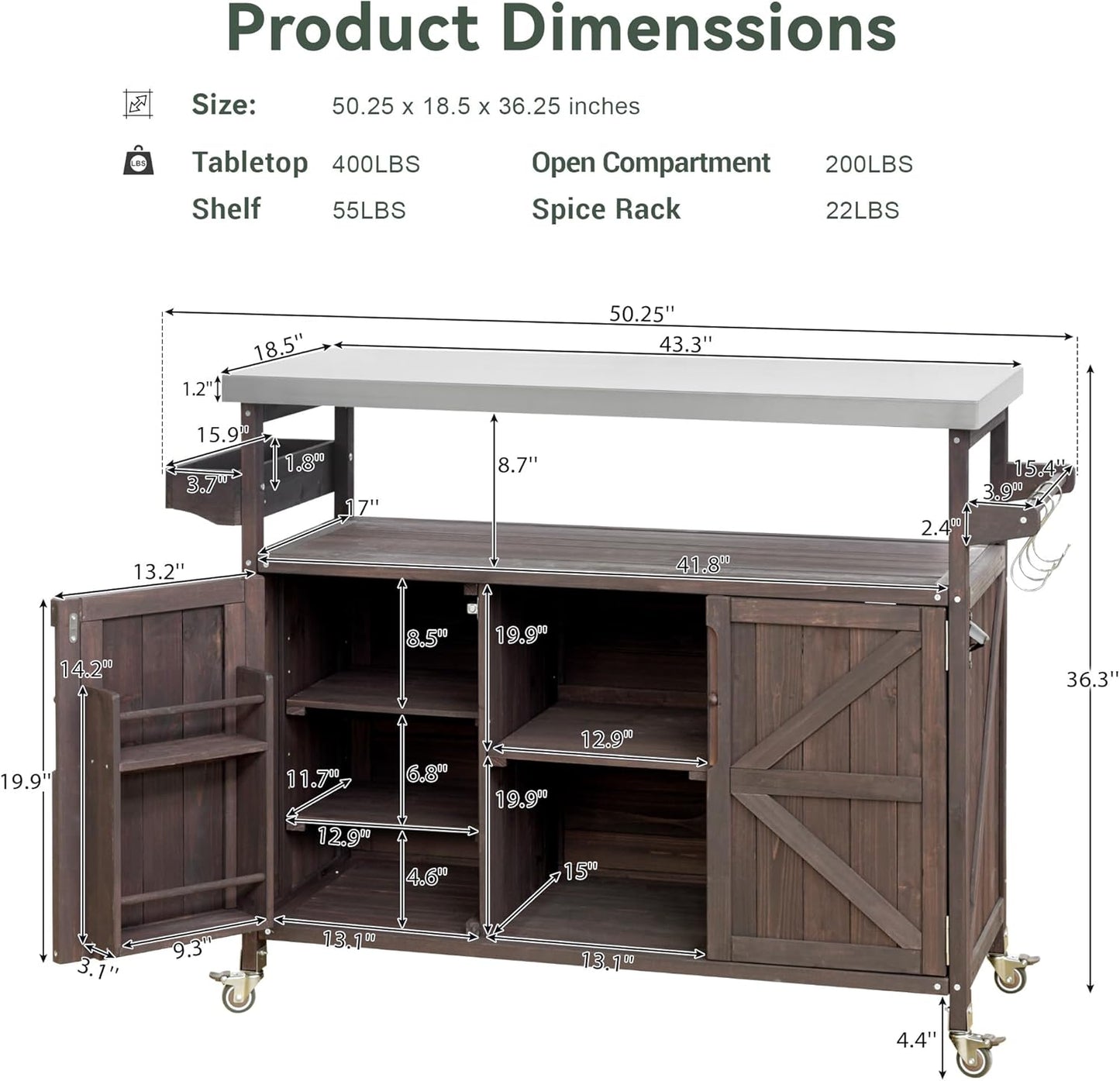 Farmhouse Solid Wood Grill Table with Stainless Steel Top, Outdoor Rolling Bar Cart & Storage