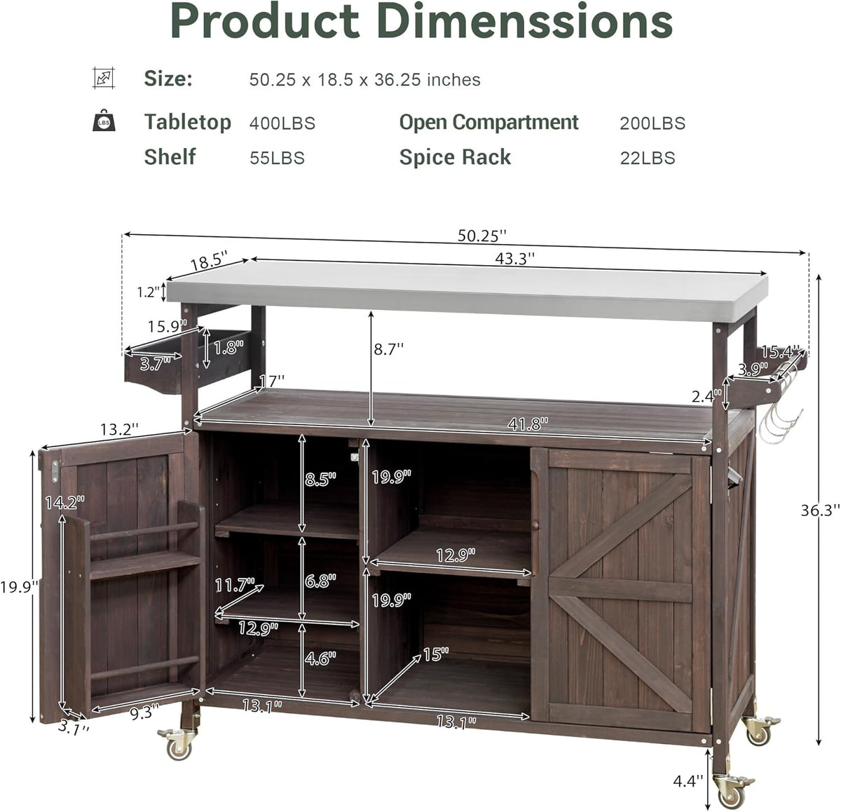 Farmhouse Solid Wood Grill Table with Stainless Steel Top, Outdoor Rolling Bar Cart & Storage