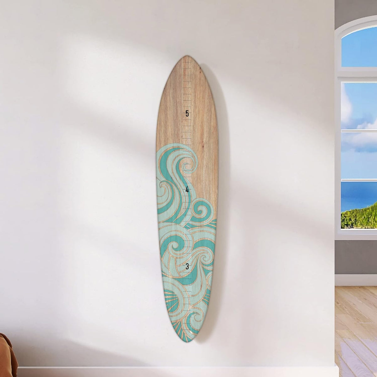 Wooden Surfboard Wall Decor Growth Chart - Surf Board Decor for Kids Room, Wooden Growth Chart for