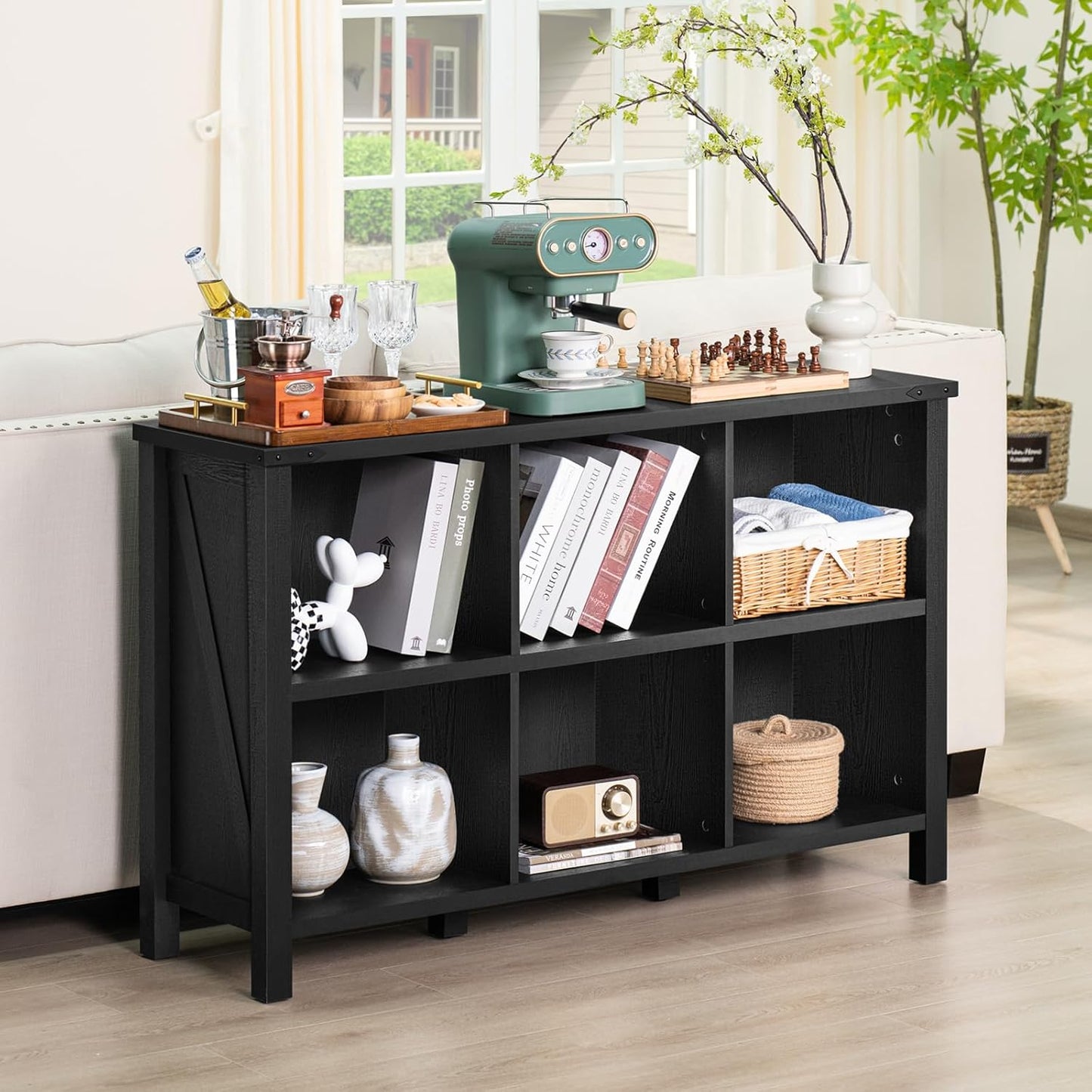 6 Cube Bookcase, Farmhouse Wood Low Storage Organizer Book Shelf, Black 47" Horizontal Console
