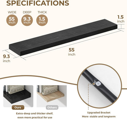 55 Inches Floating Shelves for Wall, 9.3" Deep Long Floating Shelves Set of 1, Large Display &