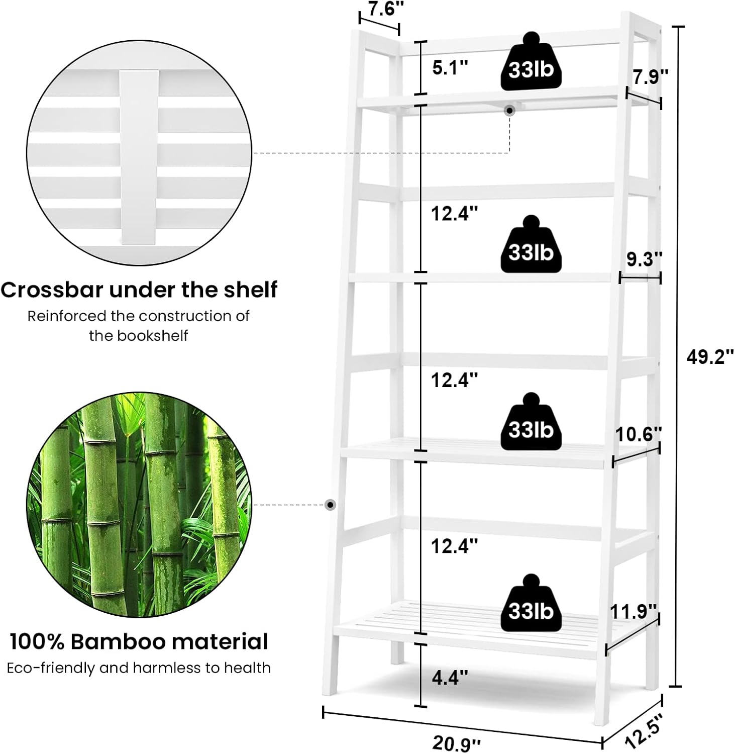 Homykic Bamboo White Bookshelf 4-Tier Ladder Shelf, 49.2” Freestanding Open Bookcase Book Shelf