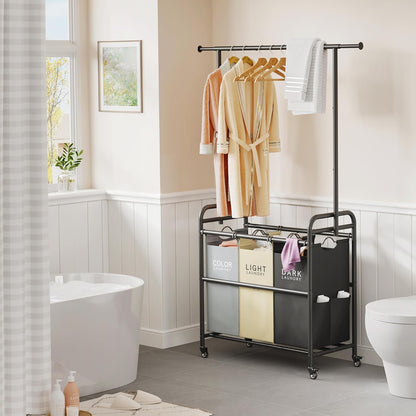 Tajsoon Laundry Sorter Cart with Hanging Clothes Rack, 3 Butler Sorter Basket Organizer, Laundry