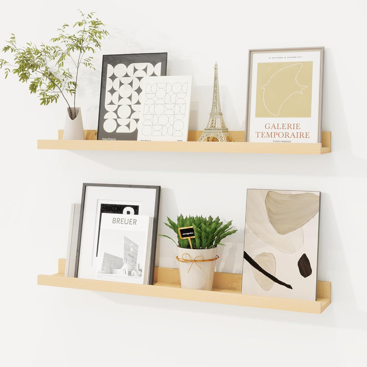 Picture Ledge Shelf, Solid Pine Wood Floating Shelves Set of 2, 24 Inches Nursery Book Shelves for