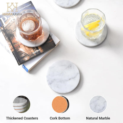 Real Natural Marble Coasters Set of 4, Carrara White Limestone 4 Inch/10 cm, Modern Round Stone
