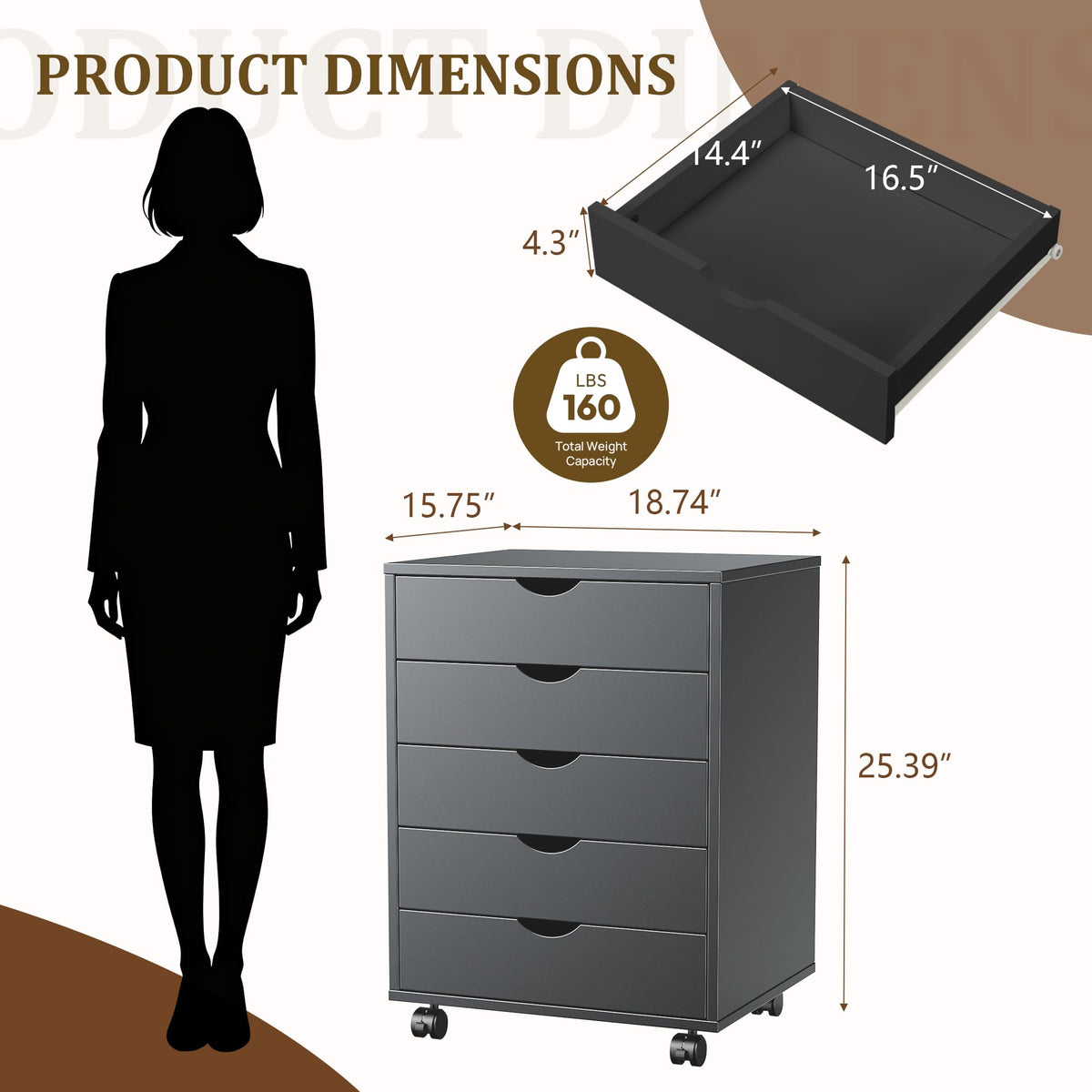 5 Drawer Mobile File Cabinet, Under Desk Storage Cabinet with Wheels