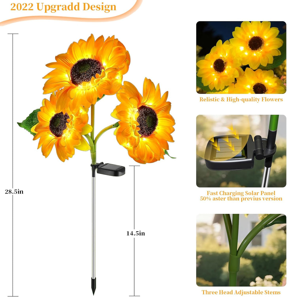 Outdoor Solar Garden Stake Lights,Upgraded LED Solar Powered Light with 3 Sunflower, Waterproof