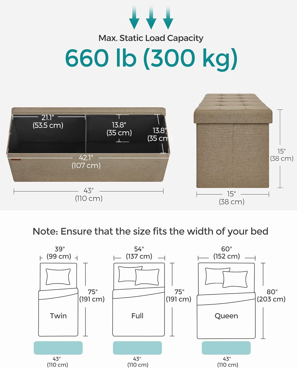SONGMICS MAZIE Collection - 43 Inches Folding Storage Ottoman Bench, Ottoman Foot Rest, End of Bed
