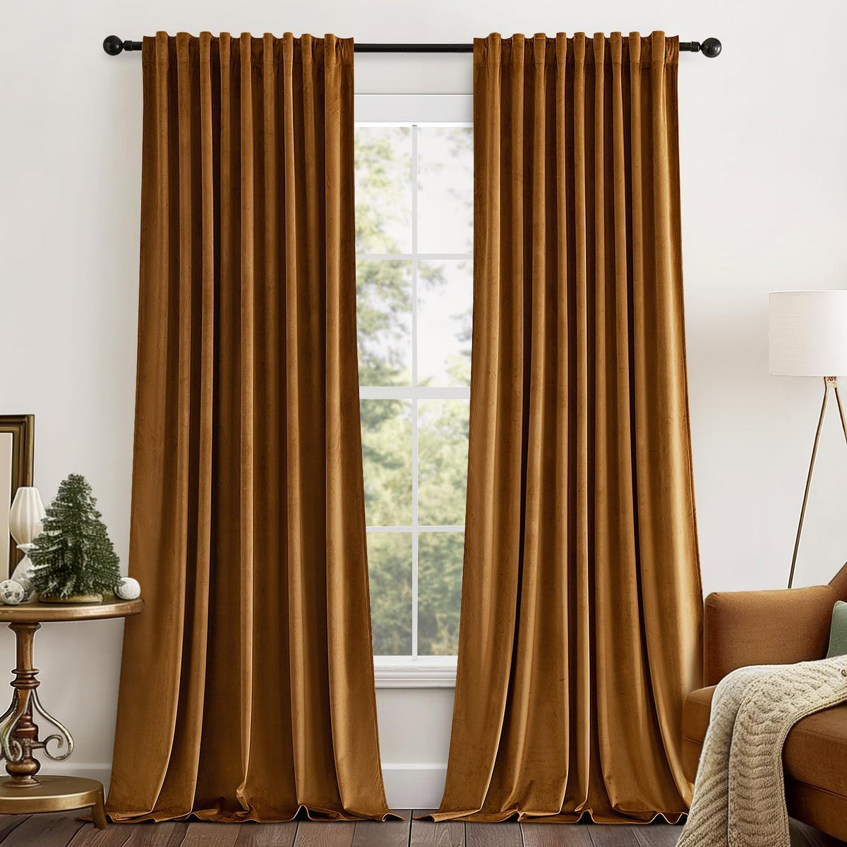 MIULEE Gold Brown Velvet Curtains 84 inches Long 2 Panels - Luxury Pinch Pleated Room Darkening