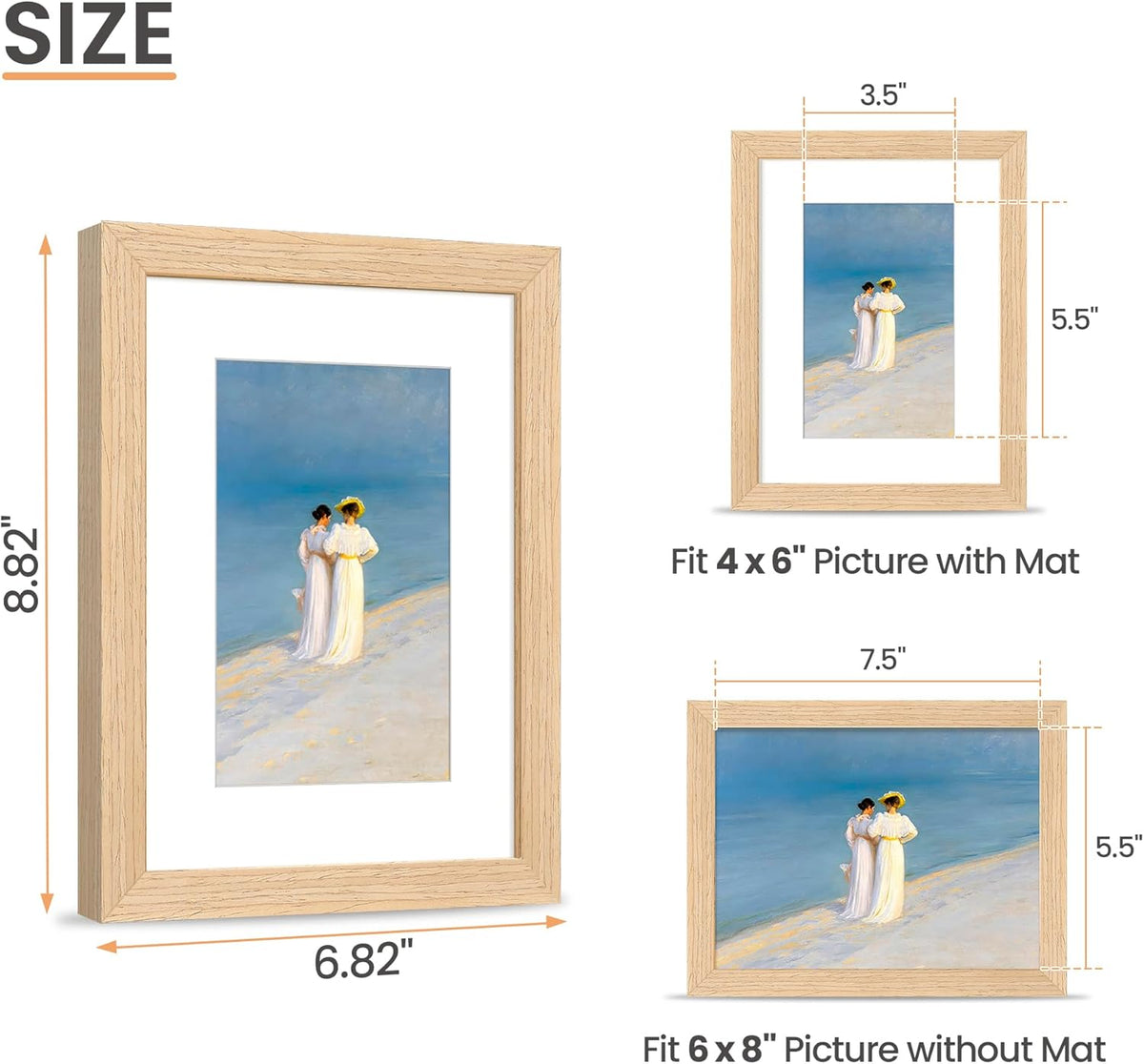 upsimples 6x8 Picture Frame, Natural Solid Wooden Picture Frames, Display 4x6 with Mat or 6 x 8