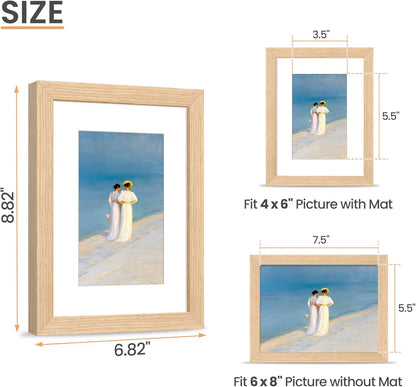 upsimples 6x8 Picture Frame, Natural Solid Wooden Picture Frames, Display 4x6 with Mat or 6 x 8