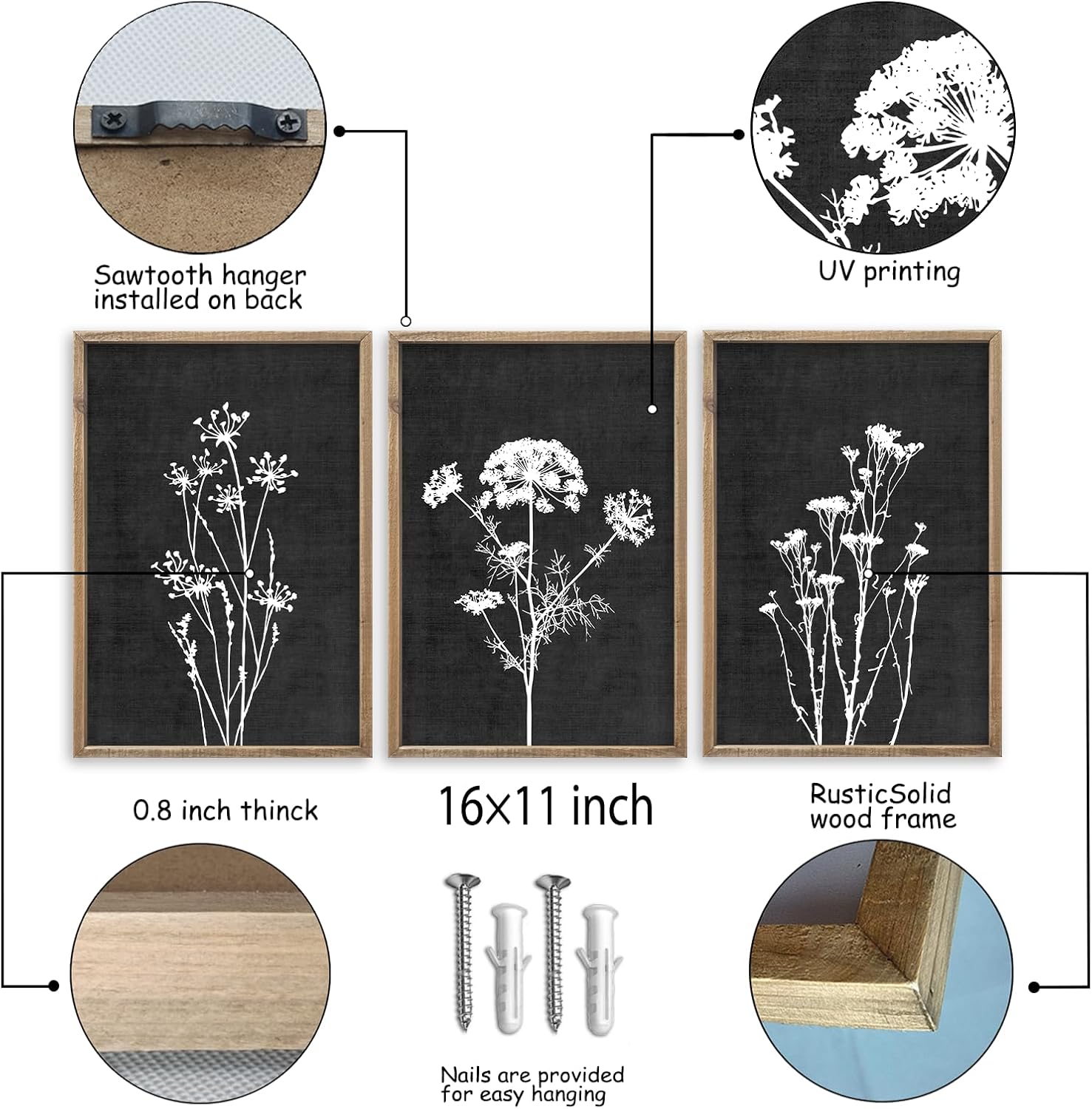 Flower Plant Wall Art Decor 16"x11" Set of 3 Black And White Botanical Painting Wood Framed For
