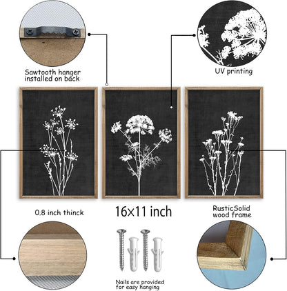 Flower Plant Wall Art Decor 16"x11" Set of 3 Black And White Botanical Painting Wood Framed For