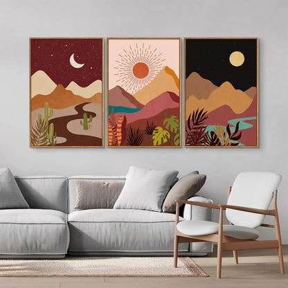 SIGNINART Boho Desert Framed Canvas Wall Art Set of 3, Colorful Sun and Moon Art Prints, Bohemian