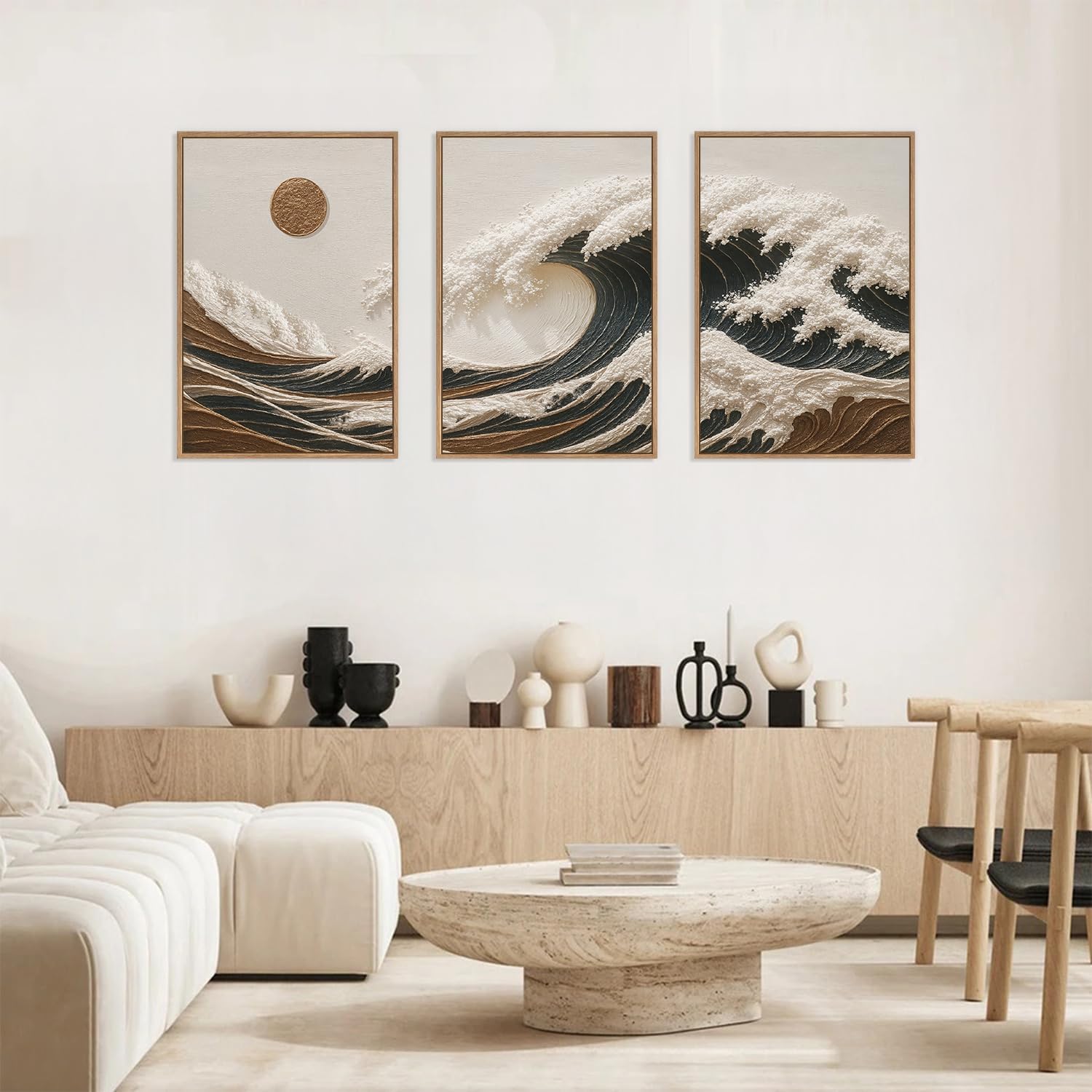 HLNIUC Sea Wave Framed Canvas Wall Art,Abstract Sun Seascape Wall Decor Set of 3(16”x24”) Large