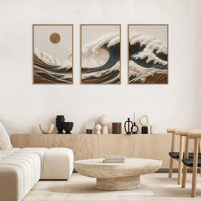 HLNIUC Sea Wave Framed Canvas Wall Art,Abstract Sun Seascape Wall Decor Set of 3(16”x24”) Large