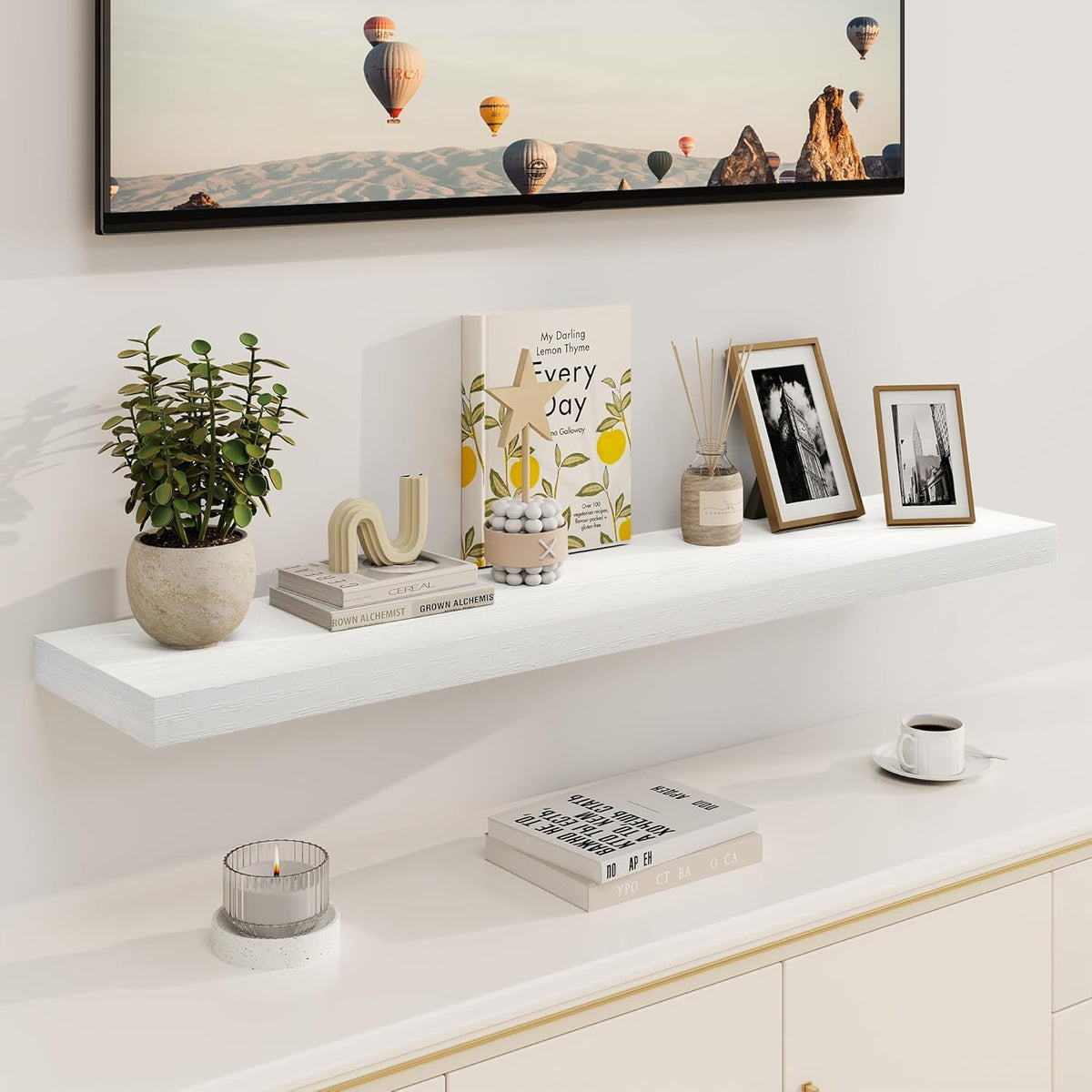 White Floating Shelves 48 Inch Long, 8 Deep Floating Shelves for Wall, Rustic 48" Long Fireplace