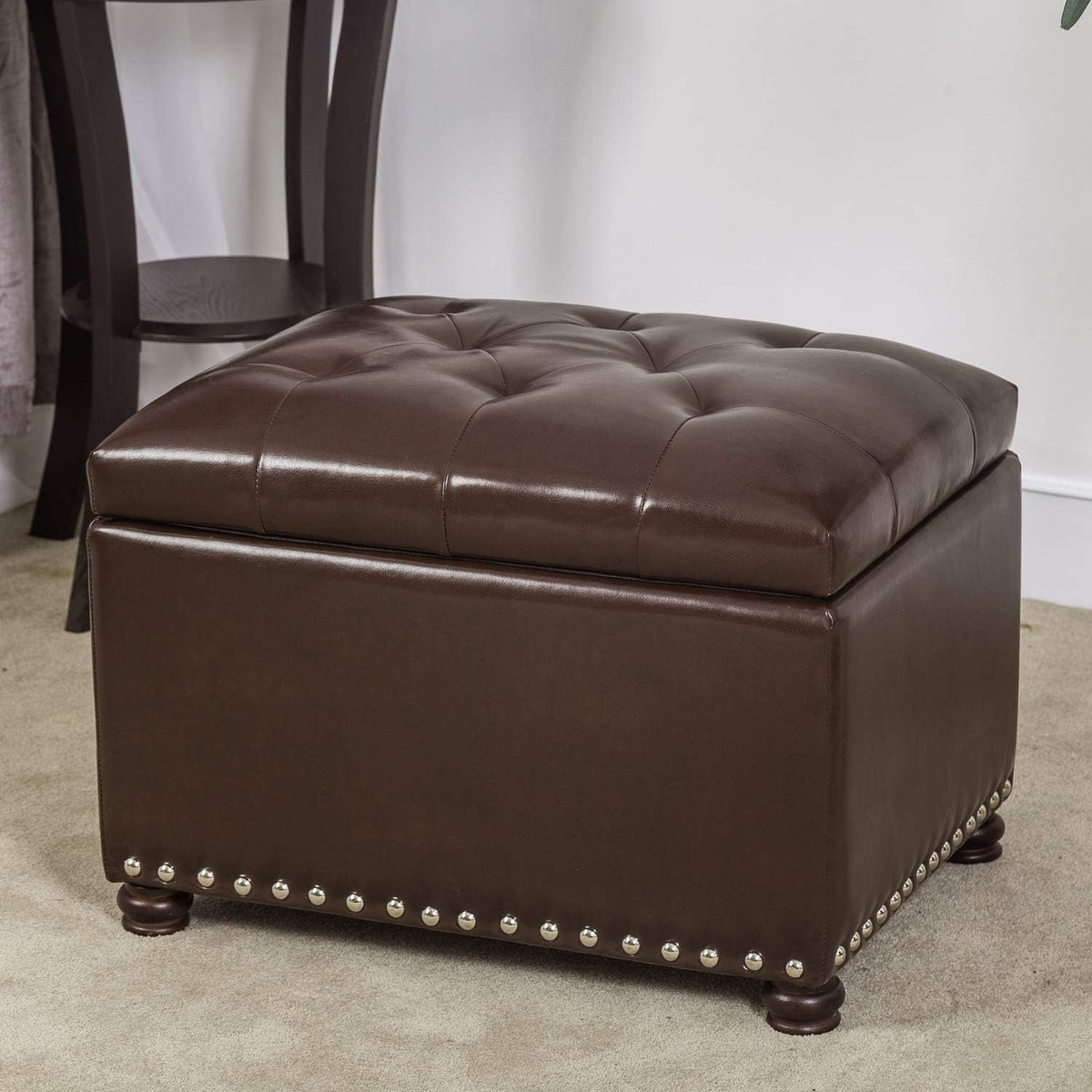24'' Leather Storage Ottoman Rectangular Foot Rest Stool with Nailhead Trim for Bedroom Living