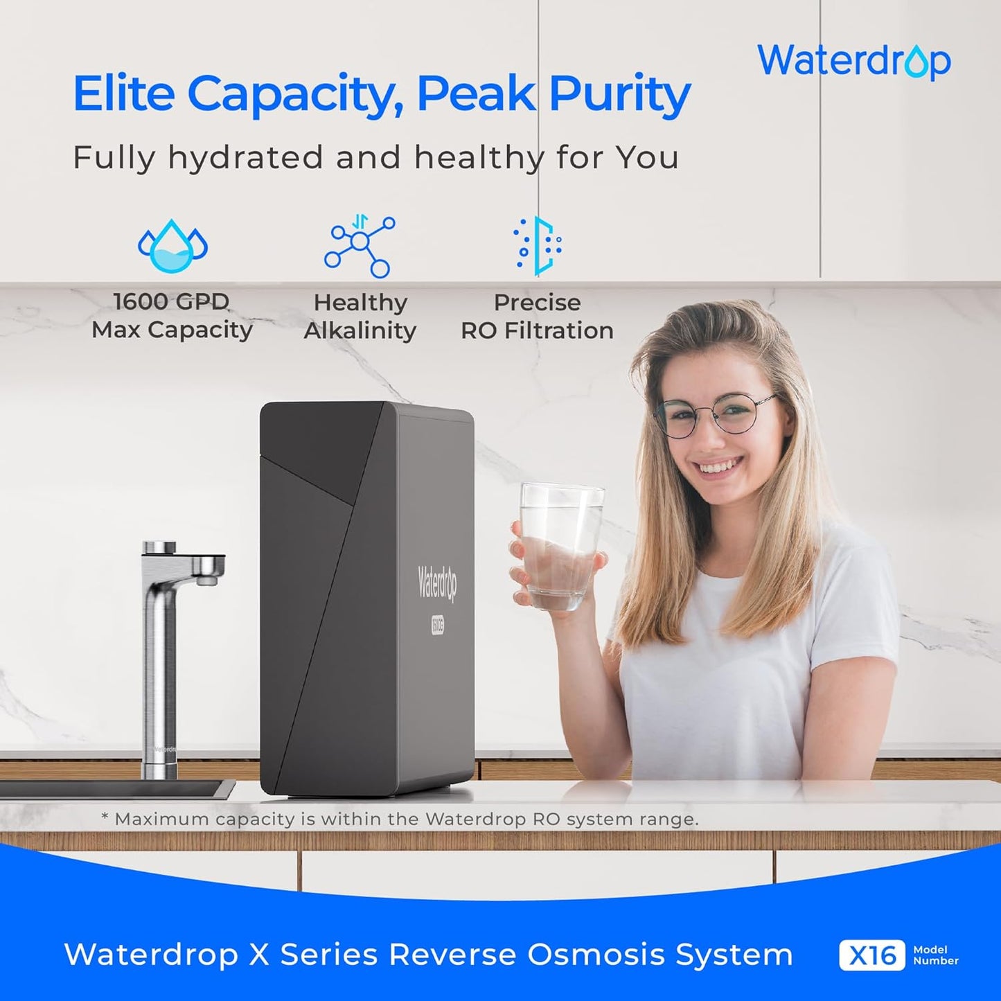 Waterdrop X16-Alkaline Reverse Osmosis Water Filter, NSF/ANSI 42&58&372 Certified, 1600 GPD RO