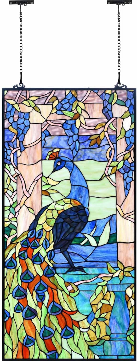 Bieye W10096 Peacock in Garden Tiffany Style Stained Glass Window Panel for Home Decor (Blue