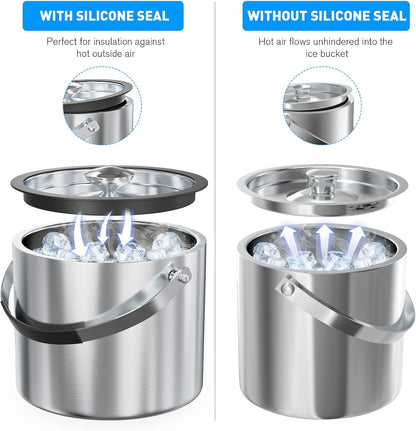 3.2 Liter Ice Bucket with Silicone Lid, Strainer, Tongs, Double Wall Insulated Stainless Steel Ice