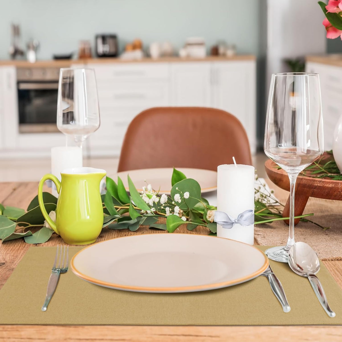 MANSPHIL Khaki Cloth Placemats Set of 4, Washable Thick Faux Linen Place Mats Heat Resistant Double