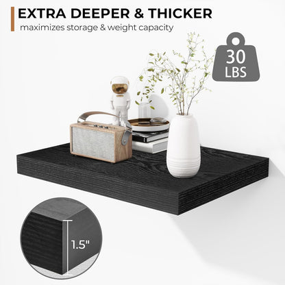 Fun Memories Floating Shelves - 2 Pack 12 Inch Deep Rustic Wooden Wall Shelves - Extra Deeper &