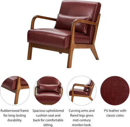 Glitzhome 30.75" H Mid Century Red Accent Armchair, Single Reading Armchair PU Leather Lounge Chair