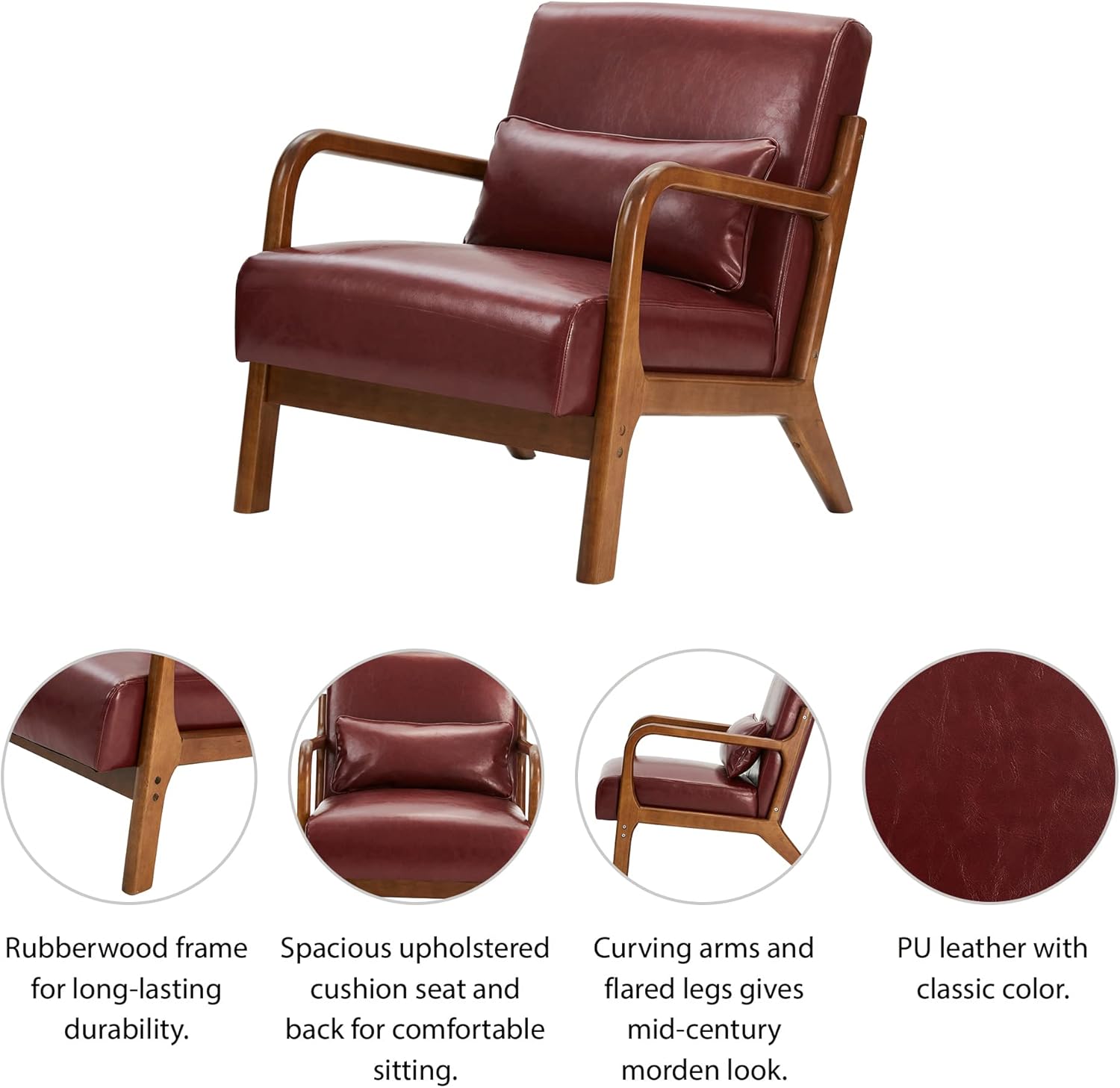 Glitzhome 2 Set Mid Century Red Accent Armchair, Single Reading Armchair PU Leather Lounge Chair
