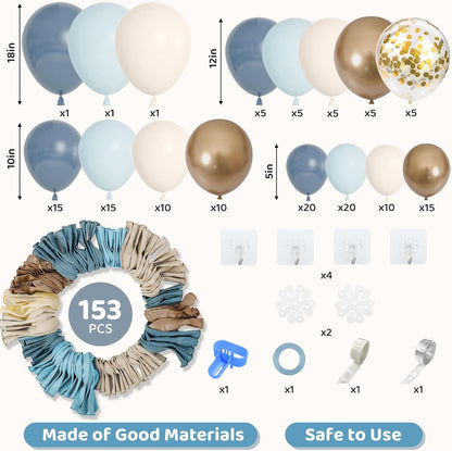 Amandir 153pcs Dusty Blue Balloon Garland Arch Kit, Different Sizes 18 12 10 5 inch Blue White Sand