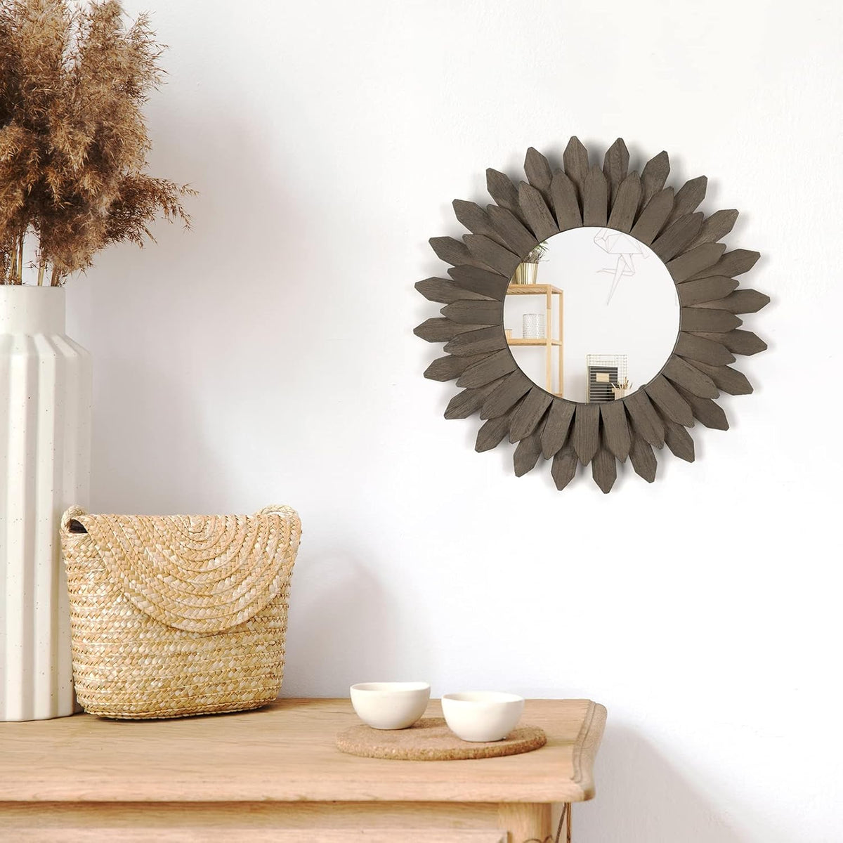 Honiway Farmhouse Wall Decor Mirror 12 inch Sunburst Boho Wood Mirror Rustic Home Decor Room