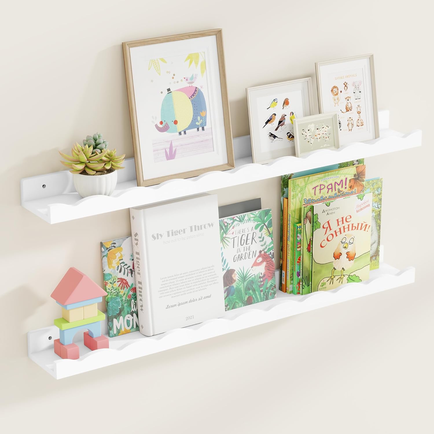 Fun Memories Picture Ledge Shelf for Wall, 36 inch Pine Wood Nursery Book Shelves Set of 2- Wall