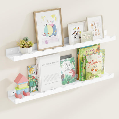 Fun Memories Picture Ledge Shelf for Wall, 36 inch Pine Wood Nursery Book Shelves Set of 2- Wall