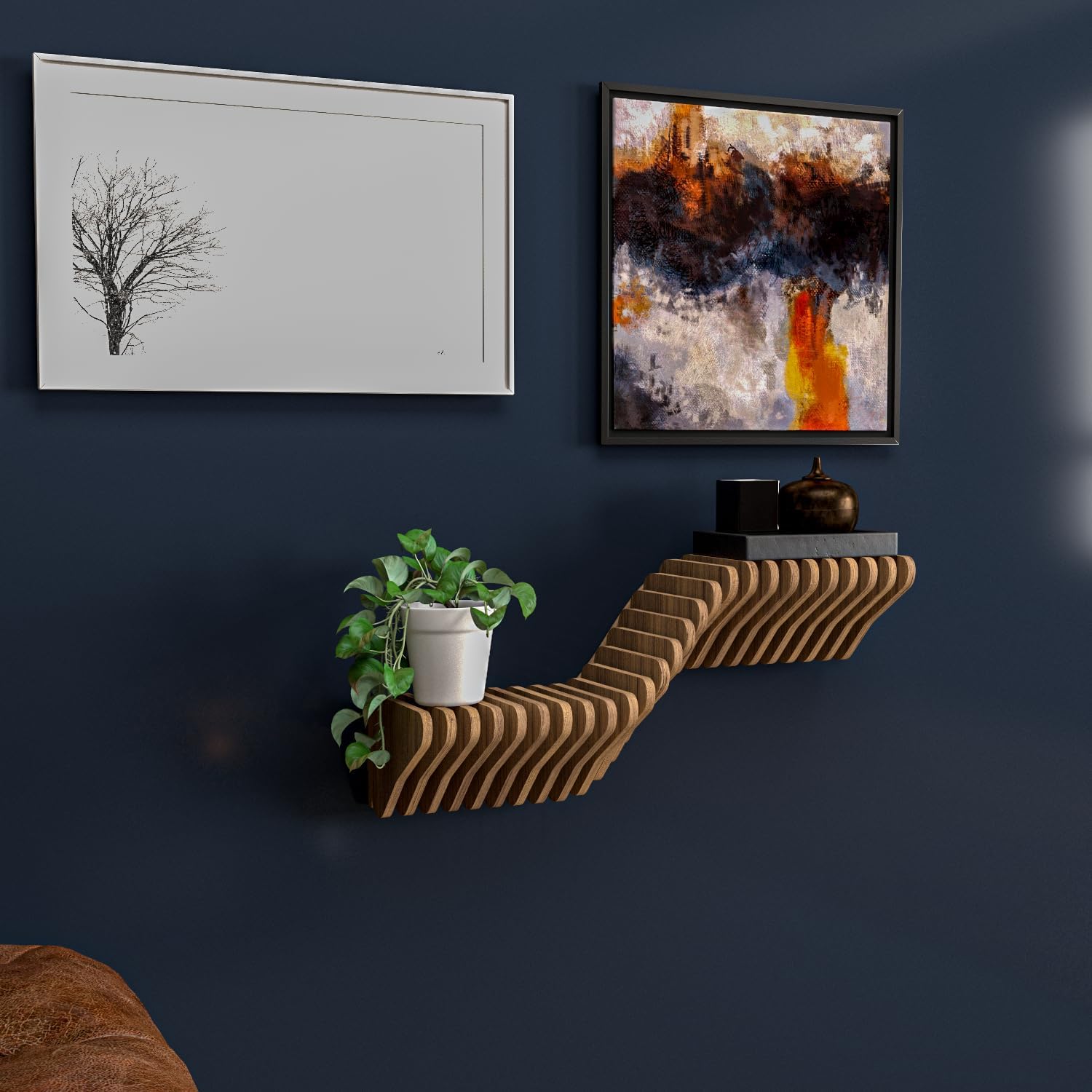 Parametric 20 inch Floating Shelf TV Unit Modern Geometric Wooden Wall Piece Decor Natural Oak