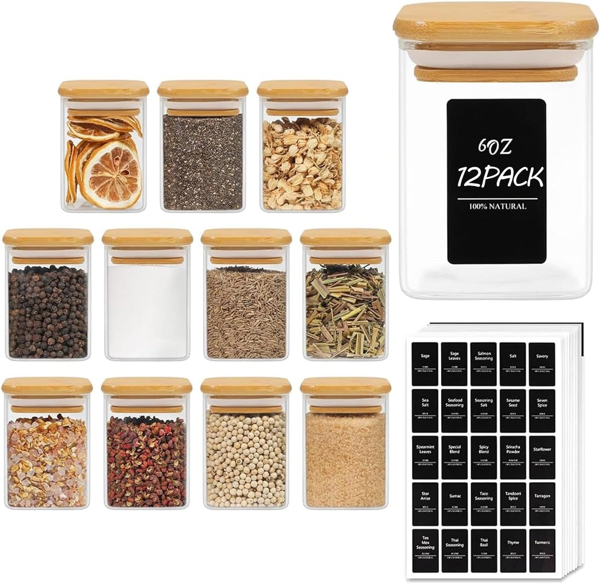 ComSaf Spice Jars with Labels 6 oz 12Pack, Small Spice Containers Starter Set, Glass Seasoning Jars