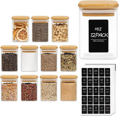 ComSaf Spice Jars with Labels 6 oz 12Pack, Small Spice Containers Starter Set, Glass Seasoning Jars