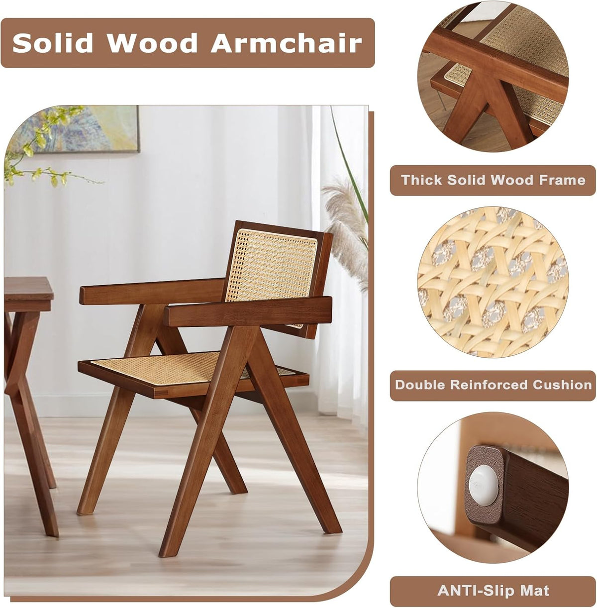 Rattan Walnut Mid Century Modern Dining Chairs Set of 4, Comfy Armchairs with Cane Back, Outdoor