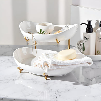 HBlife Extra Large Fruit Basket for Kitchen Counter - 2 Tier Ceramic Fruit Bowl with Metal Stand