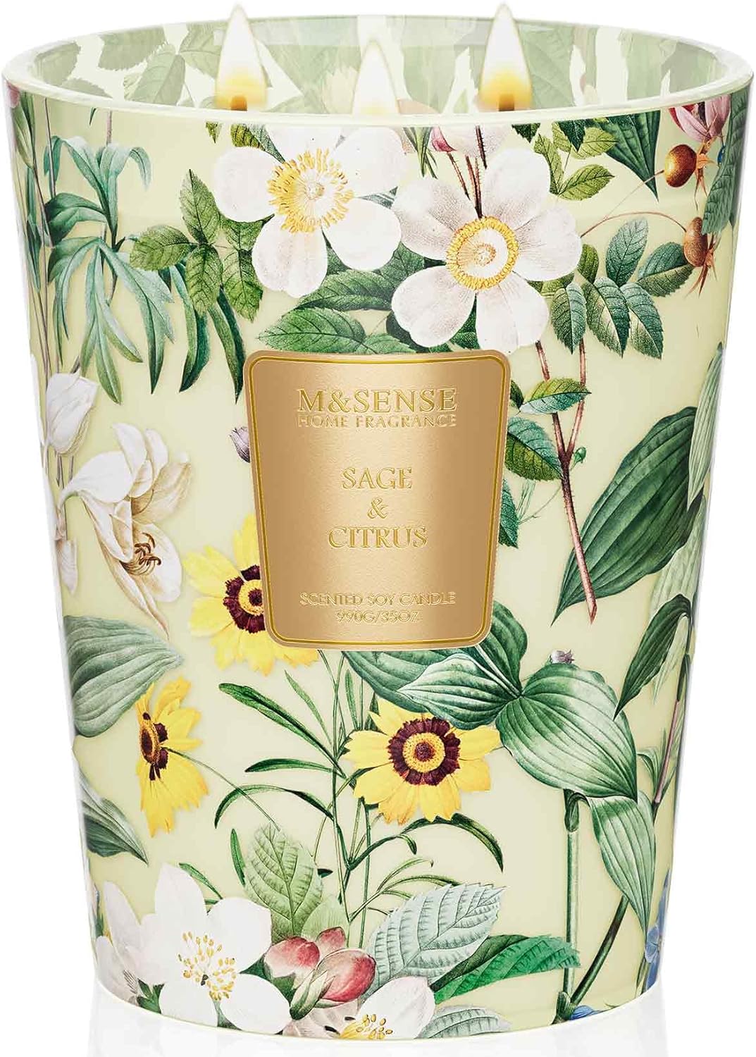 M&SENSE Extra Large Candle Sage Citrus Scented, 3-Wick 35oz 150H Long Lasting, Natural Soy Wax