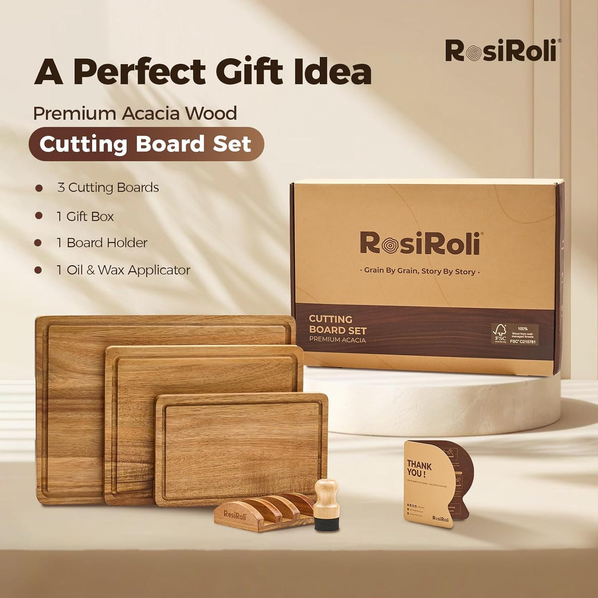 Acacia Wood Cutting Board for Kitchen, 3 Set with Holder - FSC Certified Large Wood Charcuterie