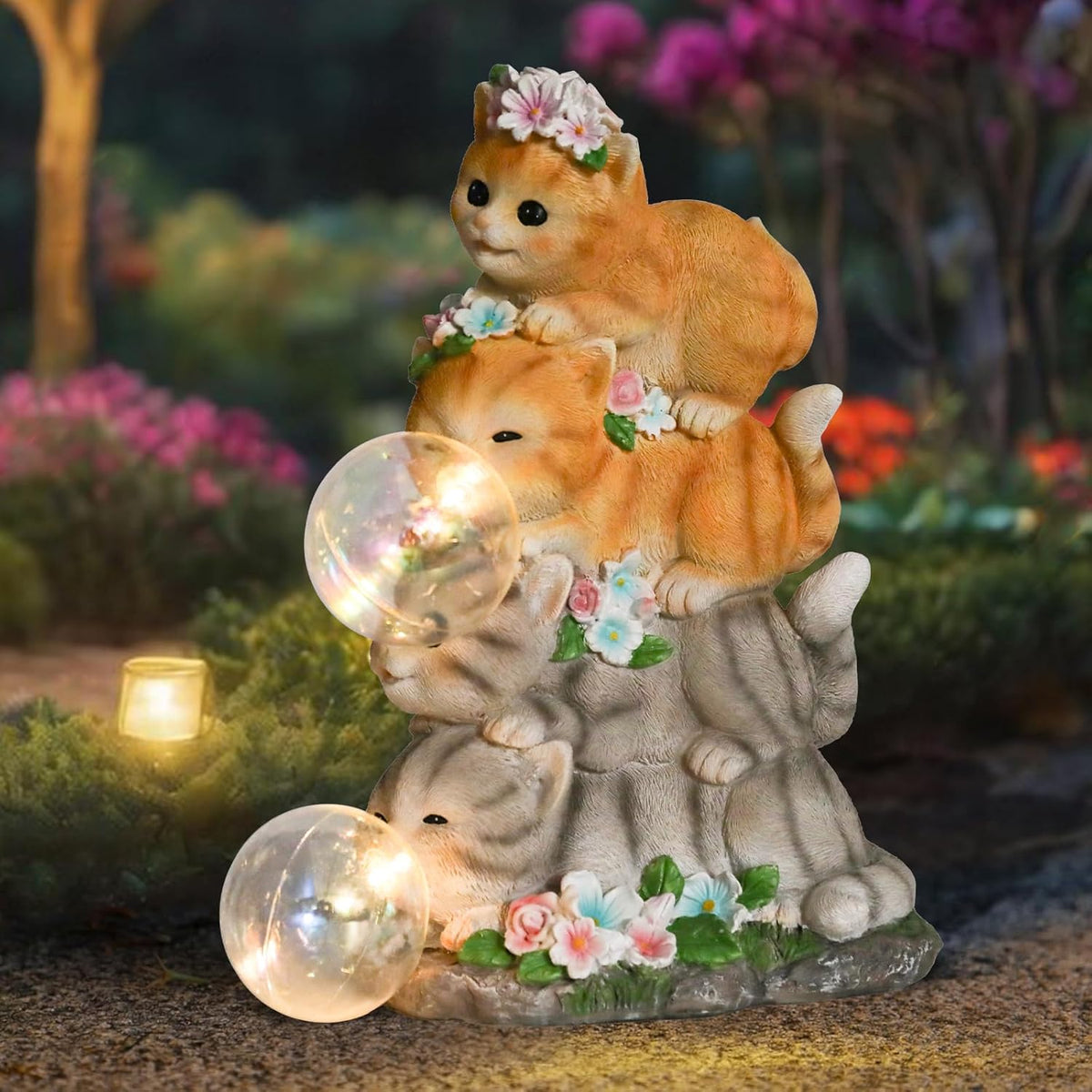 Solar Cat Garden Statue Resin Cat Statue Decor Outdoor with LED Lights for Outside Yard Art Lawn
