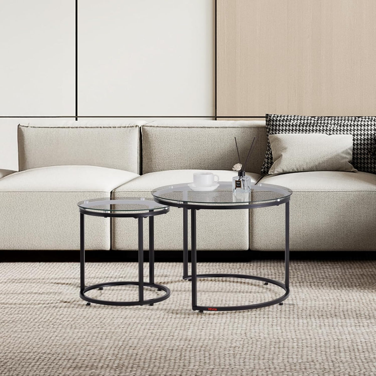 VEVOR Nesting Tables, Glass Coffee Table Set of 2, 23.6 inch Round Coffee Table, Small Coffee