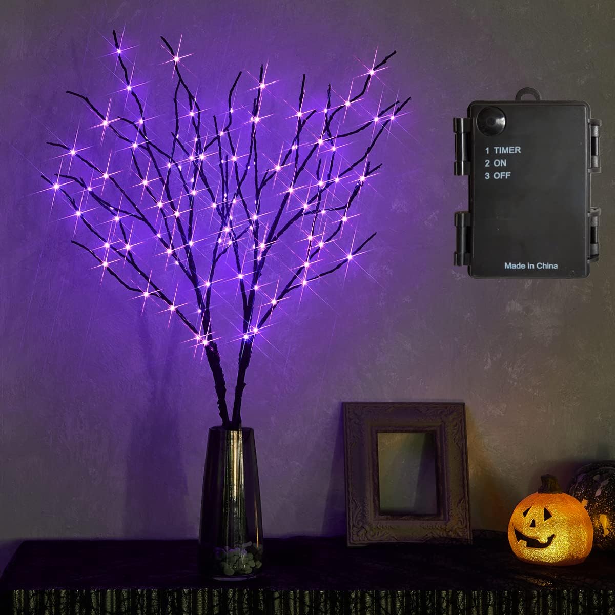 Fudios Halloween Lighted Branches with Timer 100 LED Purple Fairy Lights 32IN, Artificial Black