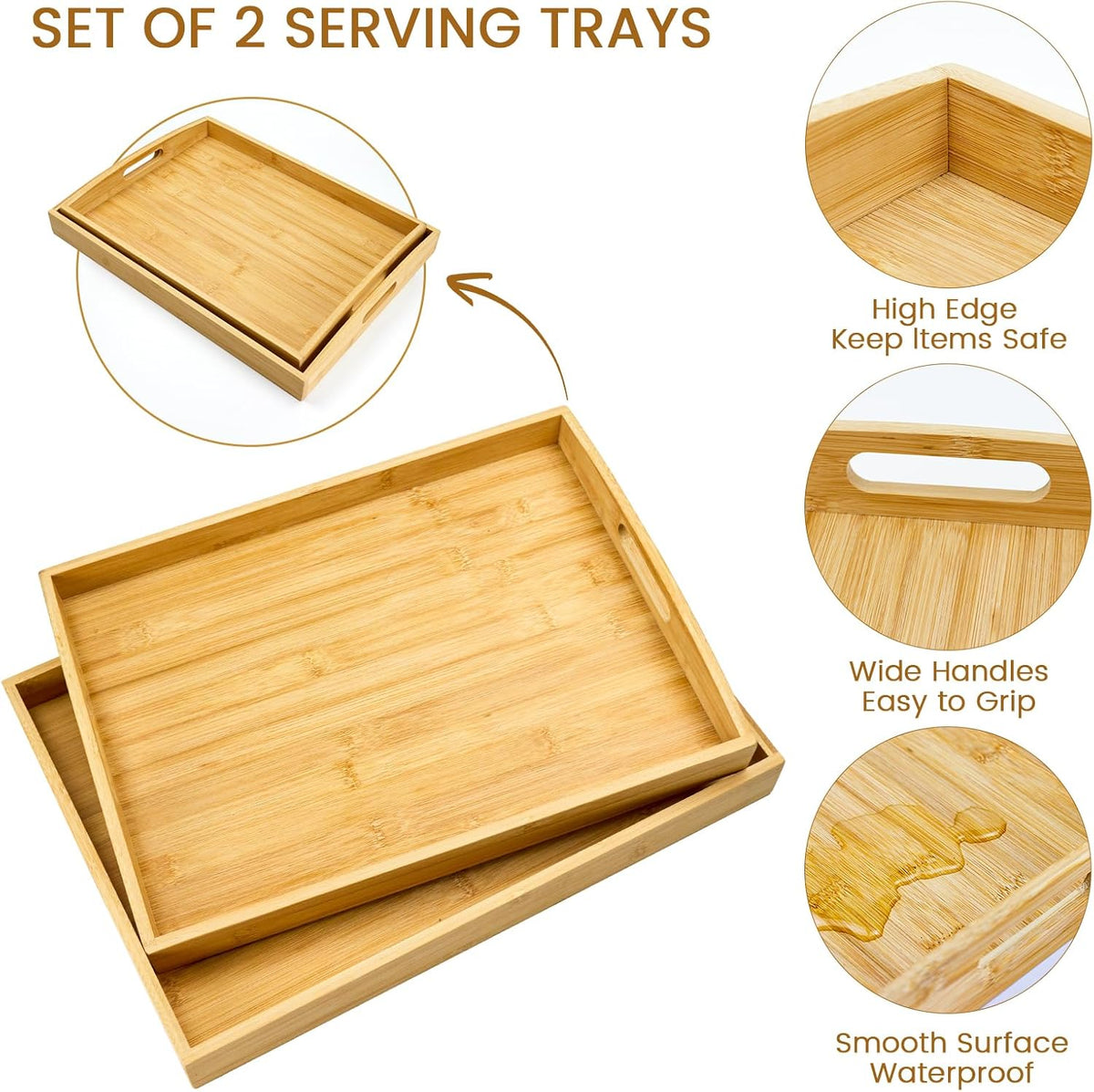 GOLD HONEY Bamboo Serving Tray with Handles Set of 2 - Decorative Wooden Tray for Living Room