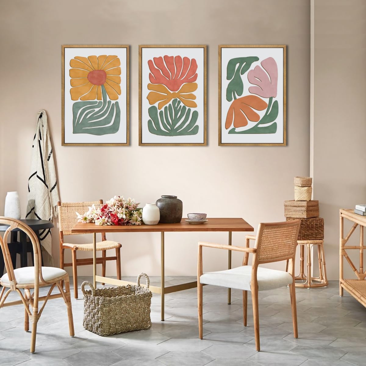 Large Abstract Boho Floral Wall Art Set Colorful Botanical Wood Wall Decor Modern Mid Century