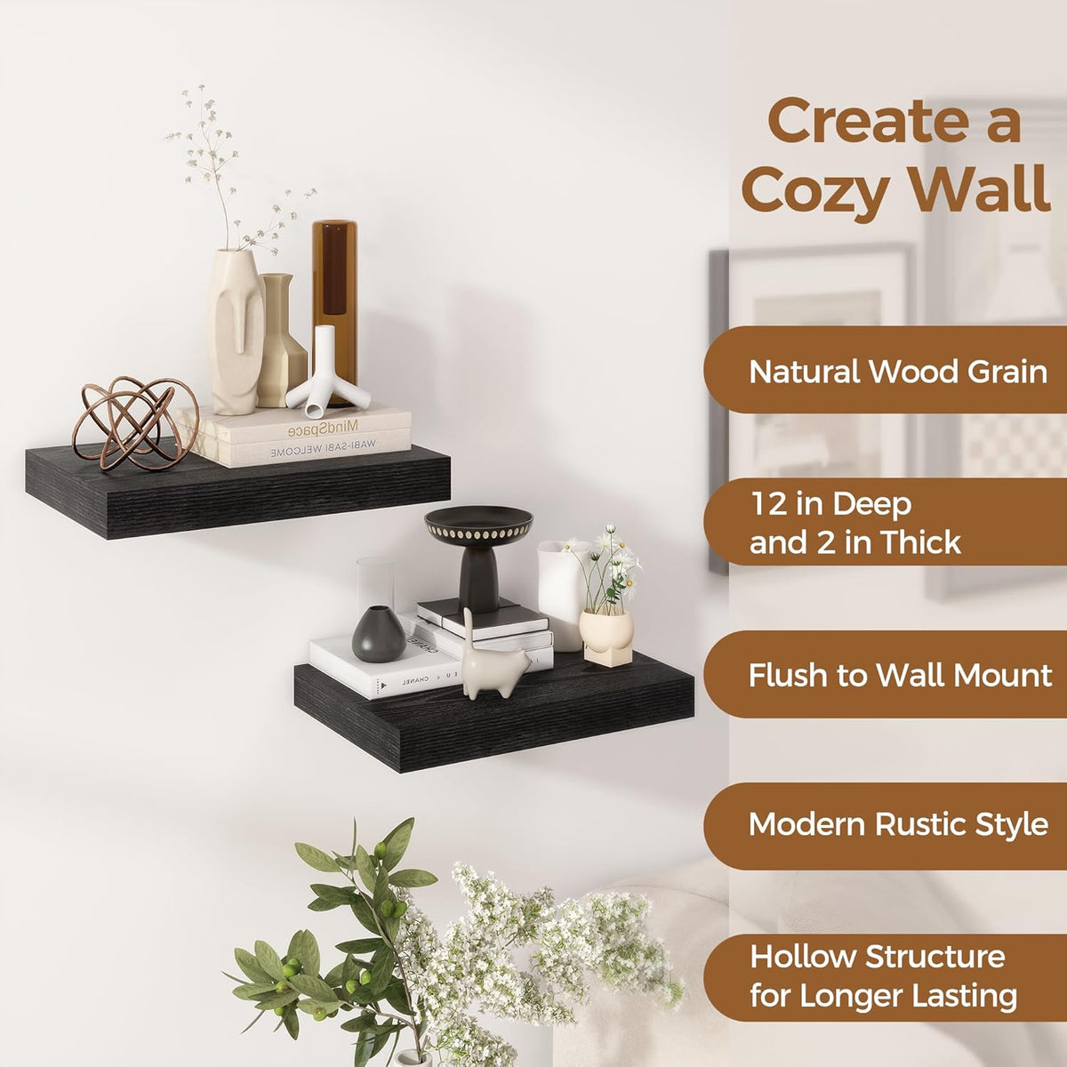 12 Inch Deep Black Floating Shelves, 16 x 12 Floating Shelf for Books, Rustic Wood Deep Wall