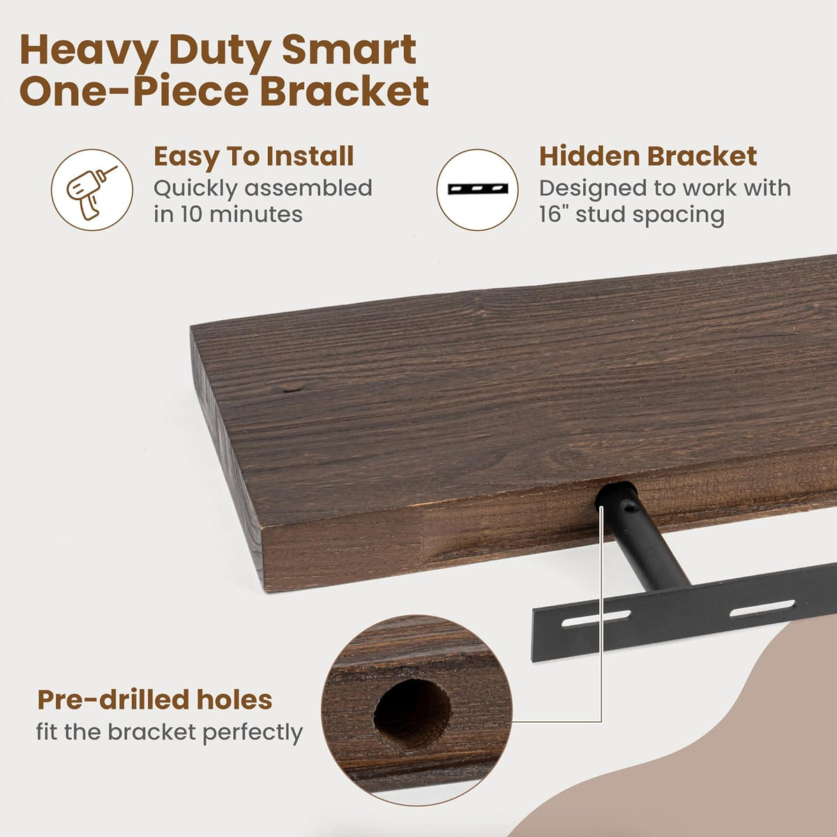 Floating Shelves for Wall Decor, Rustic Solid Elm Wood Live Edge Floating Shelves Wall Mounted