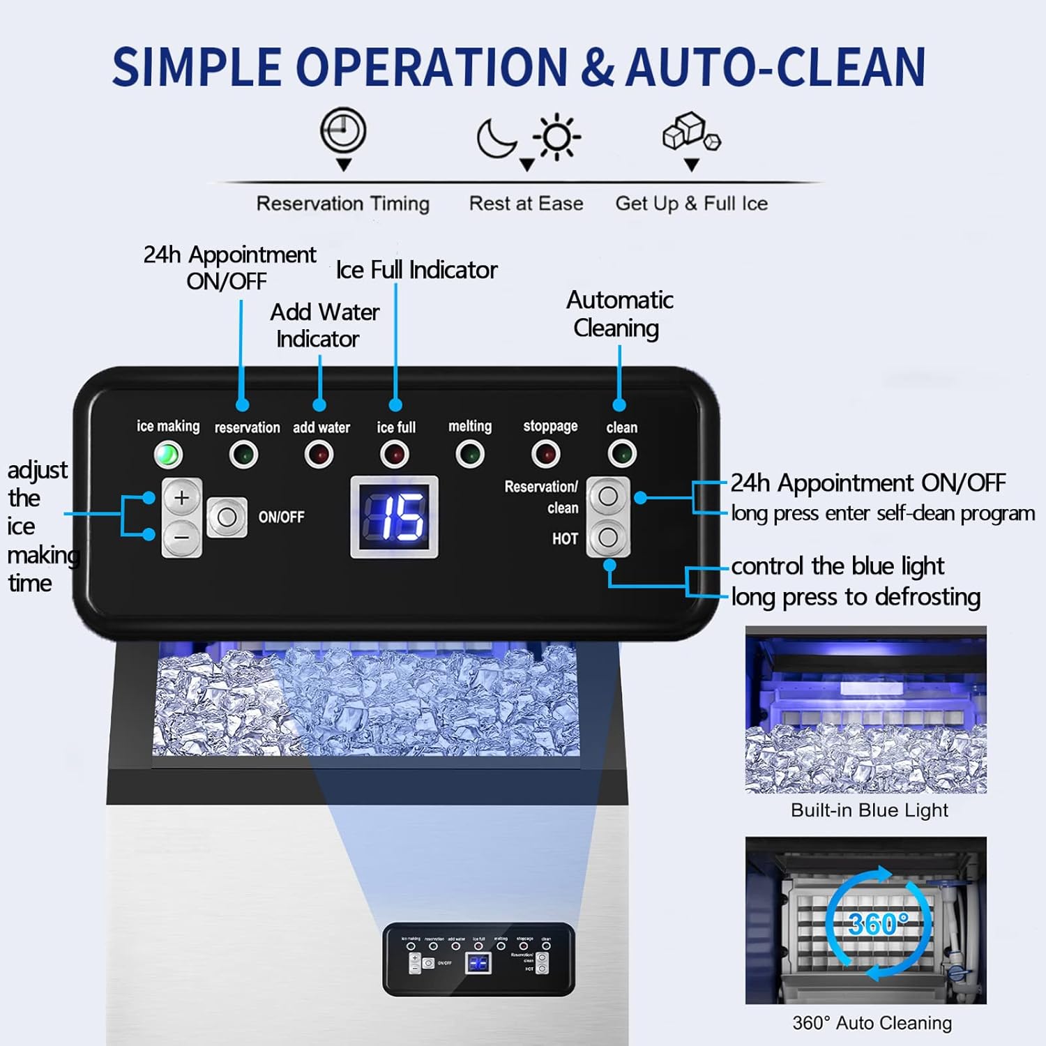 Commercial Ice Maker Machine 120Lbs/24H with 35Lbs Ice Capacity, 45Pcs Clear Ice Cubes Ready in